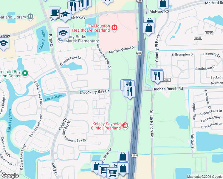 map of restaurants, bars, coffee shops, grocery stores, and more near 2230 Business Center Drive in Pearland