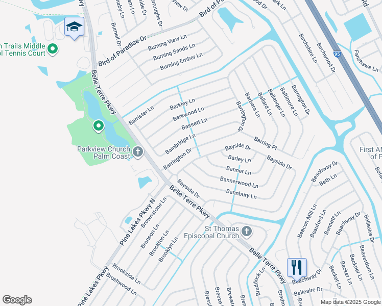 map of restaurants, bars, coffee shops, grocery stores, and more near 20 Barrington Drive in Palm Coast
