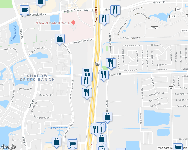 map of restaurants, bars, coffee shops, grocery stores, and more near Rte 288 in Pearland