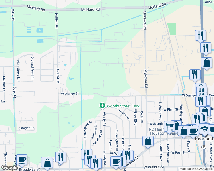 map of restaurants, bars, coffee shops, grocery stores, and more near 5205 West Orange Street in Pearland