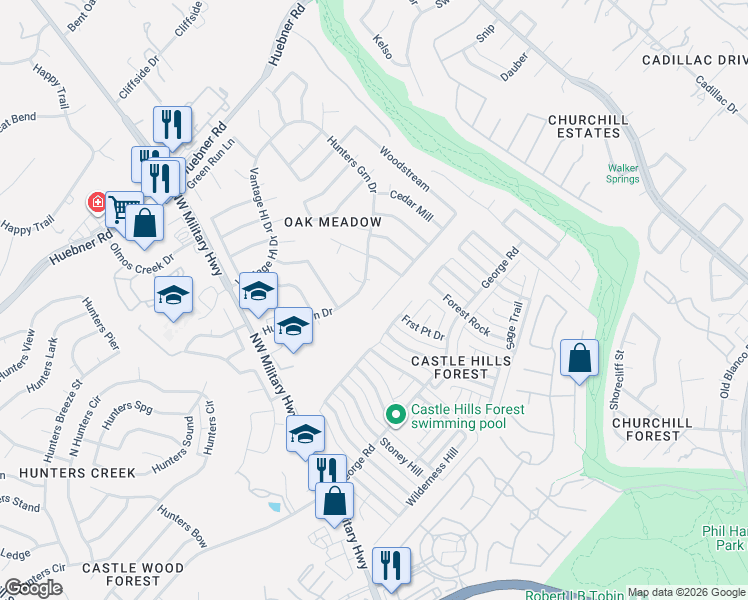 map of restaurants, bars, coffee shops, grocery stores, and more near 14101 Blue Smoke Street in San Antonio