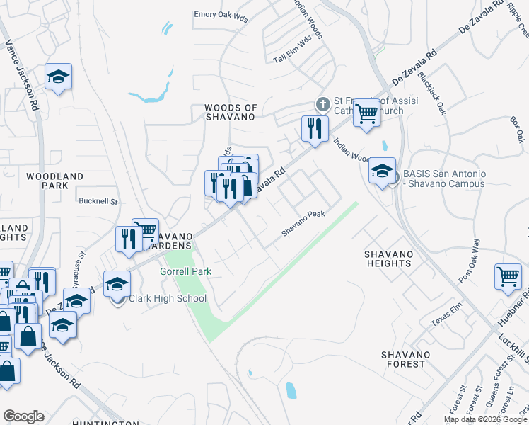 map of restaurants, bars, coffee shops, grocery stores, and more near 4422 De Zavala Road in San Antonio