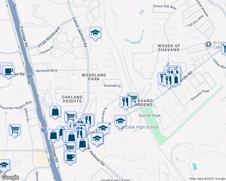 map of restaurants, bars, coffee shops, grocery stores, and more near 4810 Bucknell Street in San Antonio