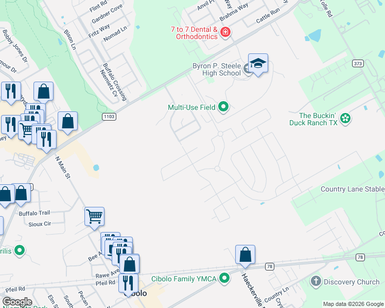 map of restaurants, bars, coffee shops, grocery stores, and more near 117 Clapboard Run in Cibolo