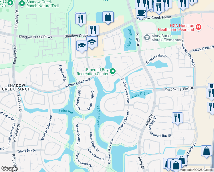 map of restaurants, bars, coffee shops, grocery stores, and more near 11907 Shore Creek Court in Pearland