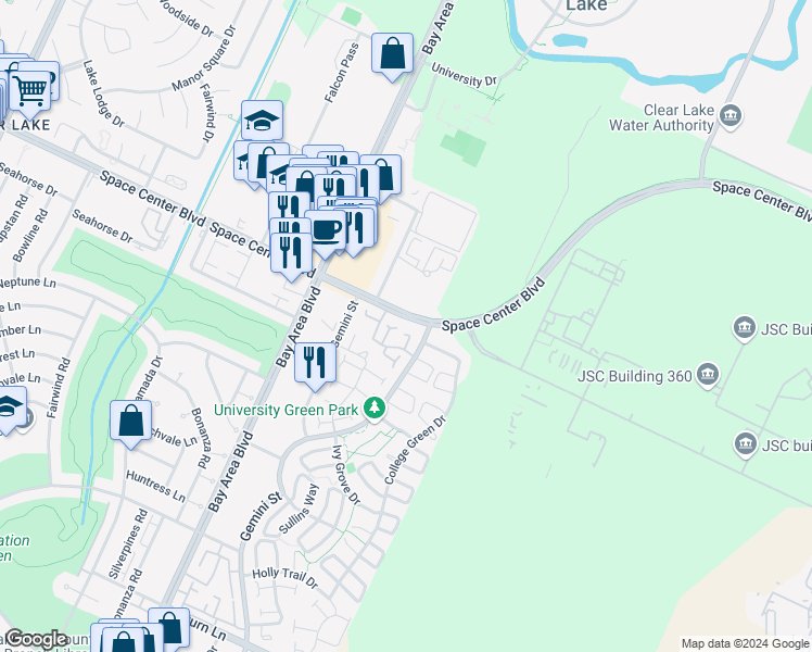 map of restaurants, bars, coffee shops, grocery stores, and more near 16560 Space Center Boulevard in Houston