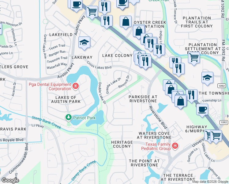 map of restaurants, bars, coffee shops, grocery stores, and more near 3207 Rimrock Drive in Missouri City