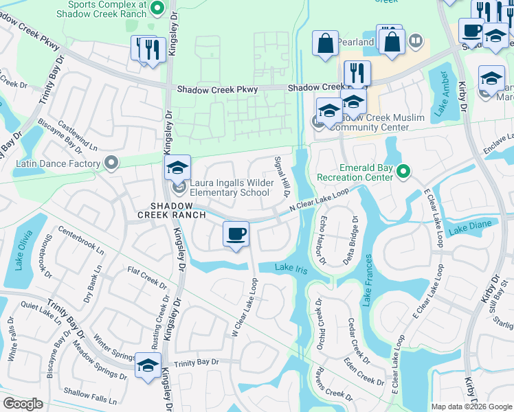 map of restaurants, bars, coffee shops, grocery stores, and more near 12402 Coral Cove Court in Pearland