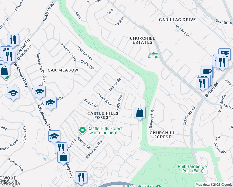 map of restaurants, bars, coffee shops, grocery stores, and more near 13614 Stony Forest Drive in San Antonio