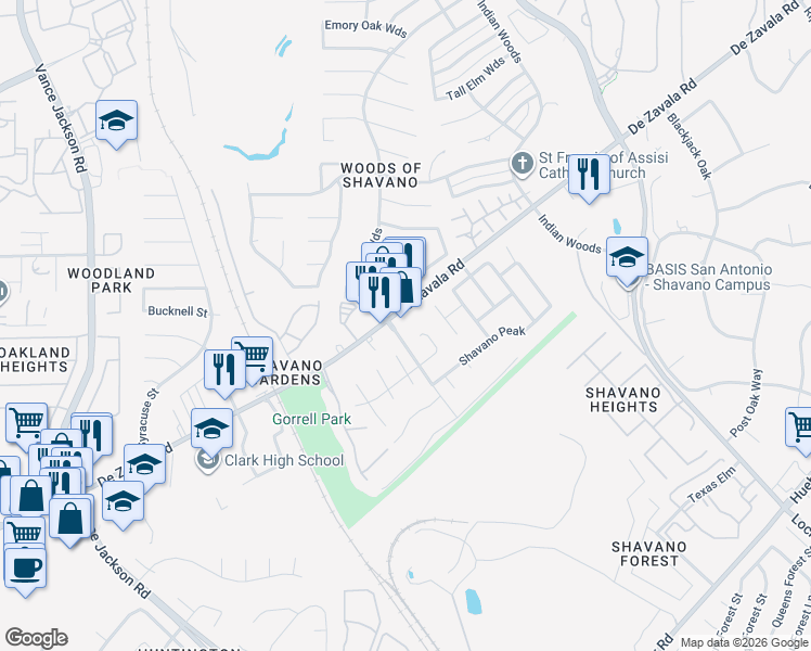 map of restaurants, bars, coffee shops, grocery stores, and more near 4422 De Zavala Road in San Antonio