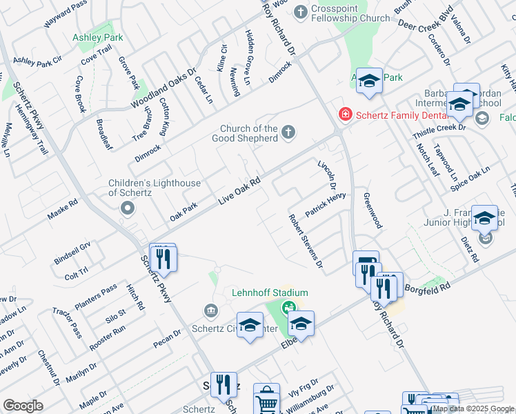 map of restaurants, bars, coffee shops, grocery stores, and more near 1025 Keanna Place in Schertz