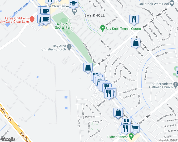 map of restaurants, bars, coffee shops, grocery stores, and more near Hwy 3 & Pineloch Dr in Houston