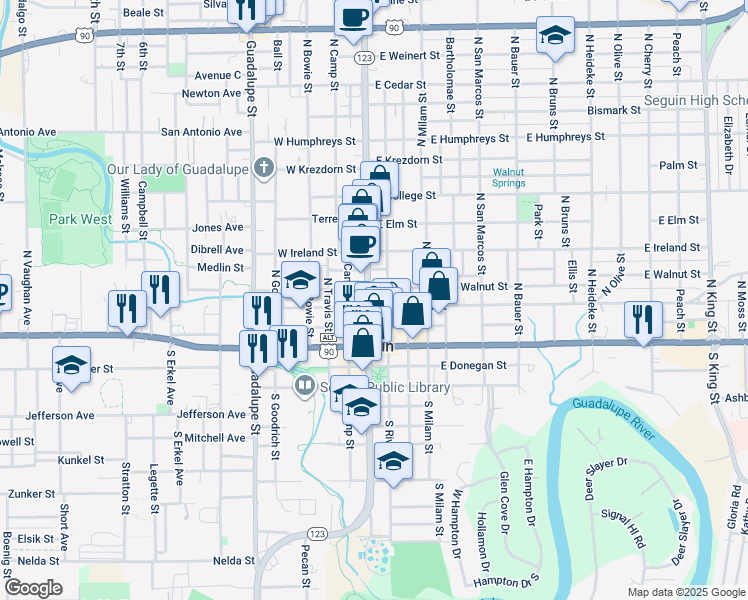 map of restaurants, bars, coffee shops, grocery stores, and more near 314 North Austin Street in Seguin