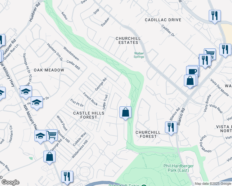 map of restaurants, bars, coffee shops, grocery stores, and more near 7119 Winding Creek in San Antonio