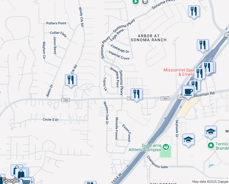 map of restaurants, bars, coffee shops, grocery stores, and more near 9018 Turlock Run in Helotes