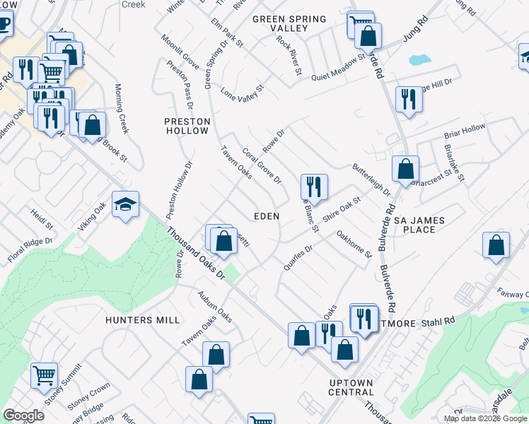 map of restaurants, bars, coffee shops, grocery stores, and more near 3339 Falcon Grove Drive in San Antonio