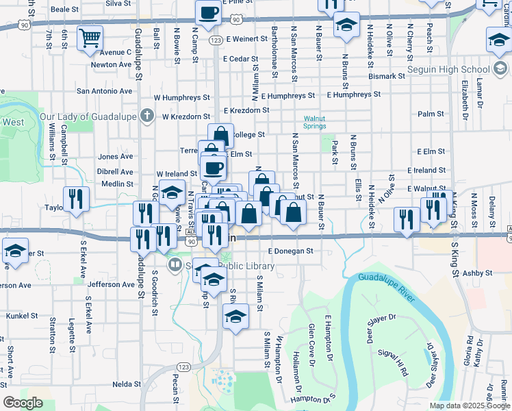 map of restaurants, bars, coffee shops, grocery stores, and more near 300 North Milam Street in Seguin