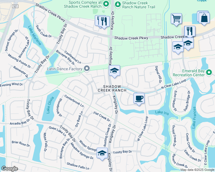 map of restaurants, bars, coffee shops, grocery stores, and more near 2229 Megellan Point Lane in Pearland