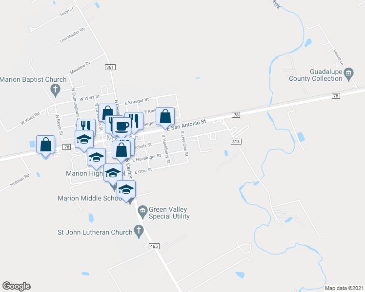 map of restaurants, bars, coffee shops, grocery stores, and more near 216 South Live Oak Street in Marion