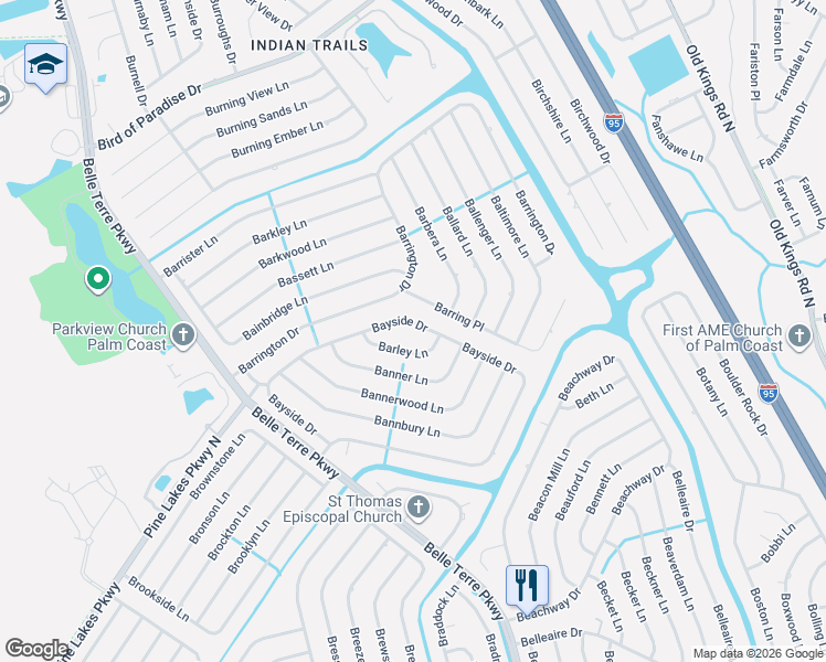 map of restaurants, bars, coffee shops, grocery stores, and more near 123 Bayside Drive in Palm Coast