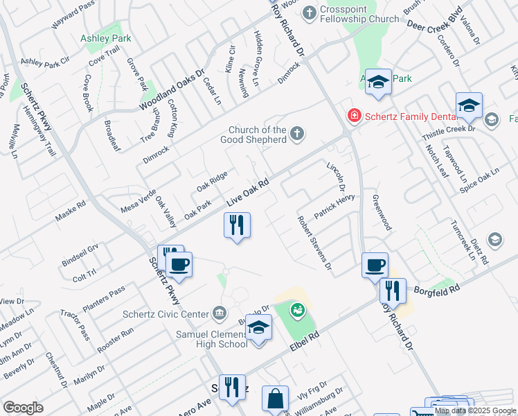 map of restaurants, bars, coffee shops, grocery stores, and more near 1009 Keanna Place in Schertz