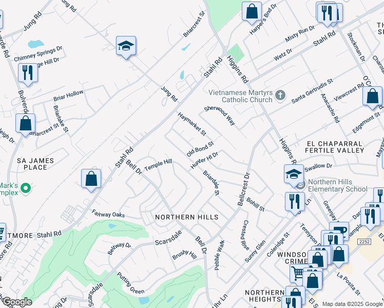 map of restaurants, bars, coffee shops, grocery stores, and more near 4442 Grantilly Street in San Antonio