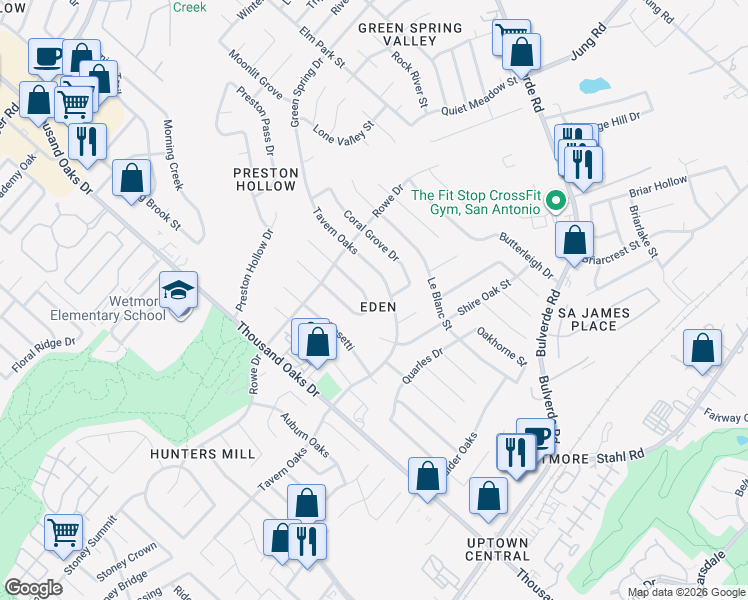 map of restaurants, bars, coffee shops, grocery stores, and more near 3339 Falcon Grove Drive in San Antonio