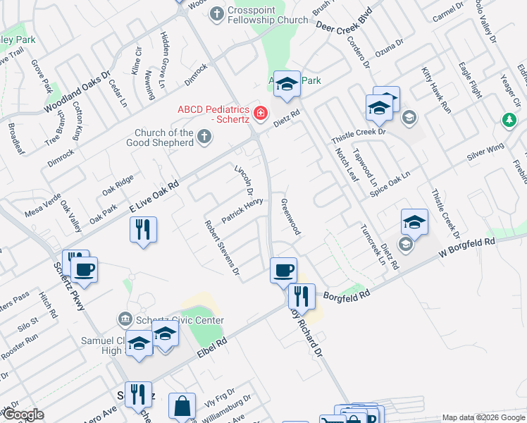 map of restaurants, bars, coffee shops, grocery stores, and more near 1205 Cedarwood in Schertz