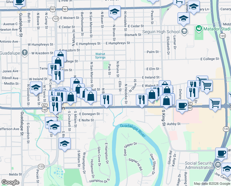 map of restaurants, bars, coffee shops, grocery stores, and more near 314 Ellis Street in Seguin