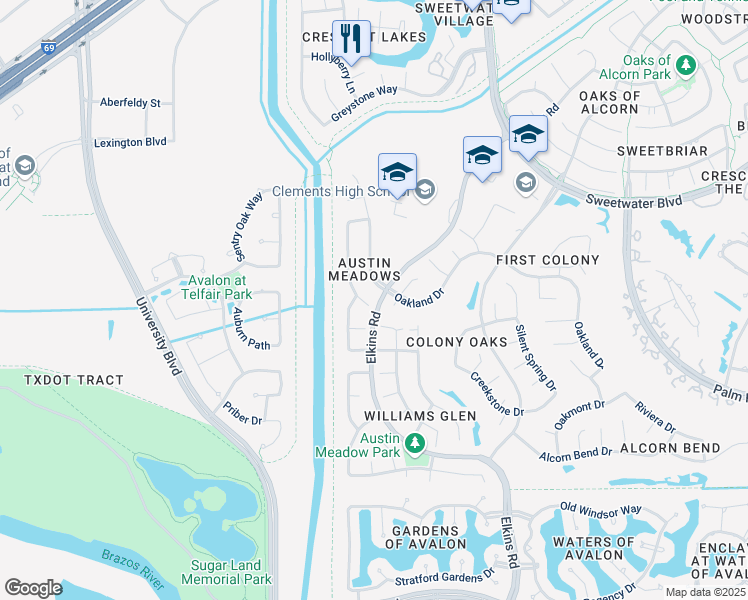 map of restaurants, bars, coffee shops, grocery stores, and more near 2927 Bright Trail in Sugar Land