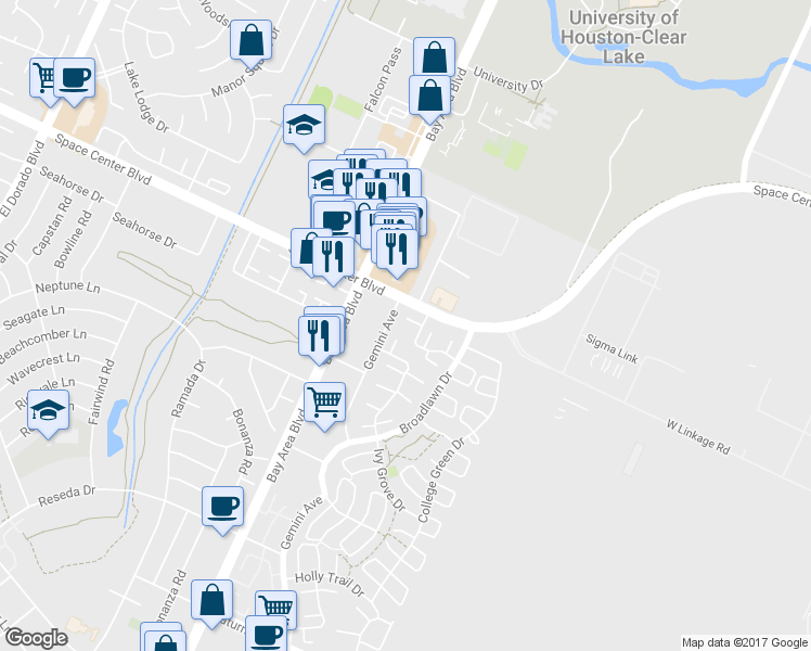 map of restaurants, bars, coffee shops, grocery stores, and more near 2378 Gemini Street in Houston