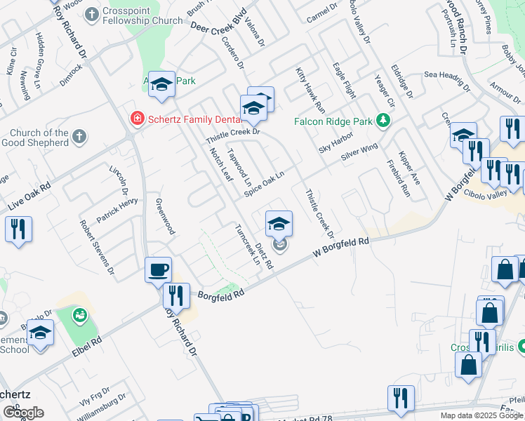 map of restaurants, bars, coffee shops, grocery stores, and more near 103 Woodstone Way in Cibolo