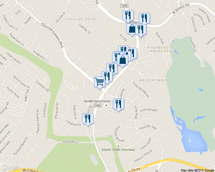 map of restaurants, bars, coffee shops, grocery stores, and more near 13423 Blanco Road in San Antonio