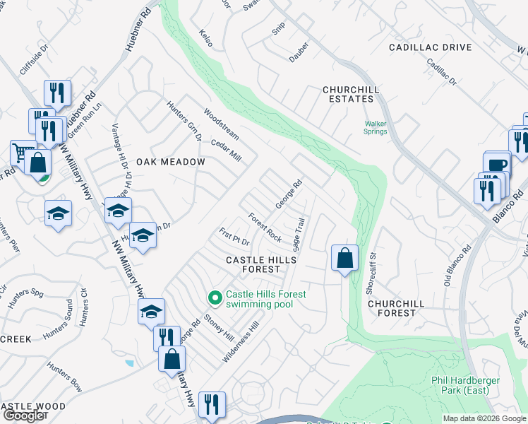 map of restaurants, bars, coffee shops, grocery stores, and more near 13707 Pebble Point in San Antonio