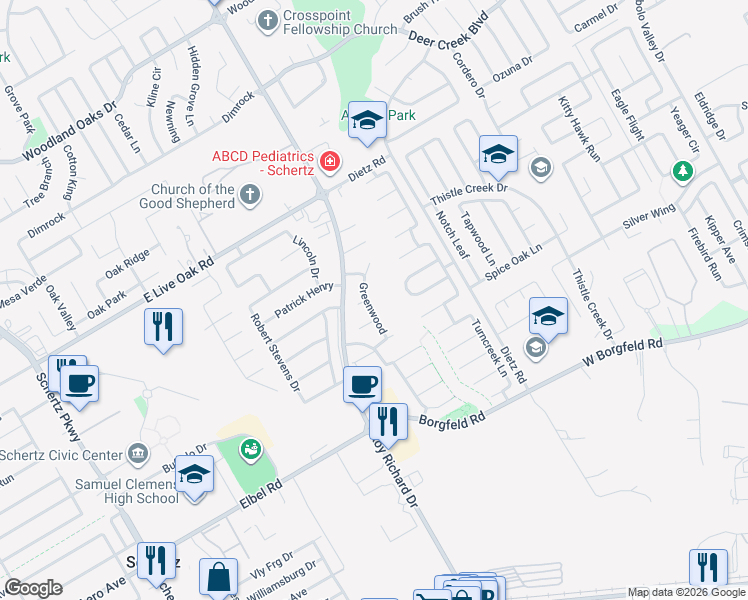 map of restaurants, bars, coffee shops, grocery stores, and more near 1312 Greenwood in Schertz