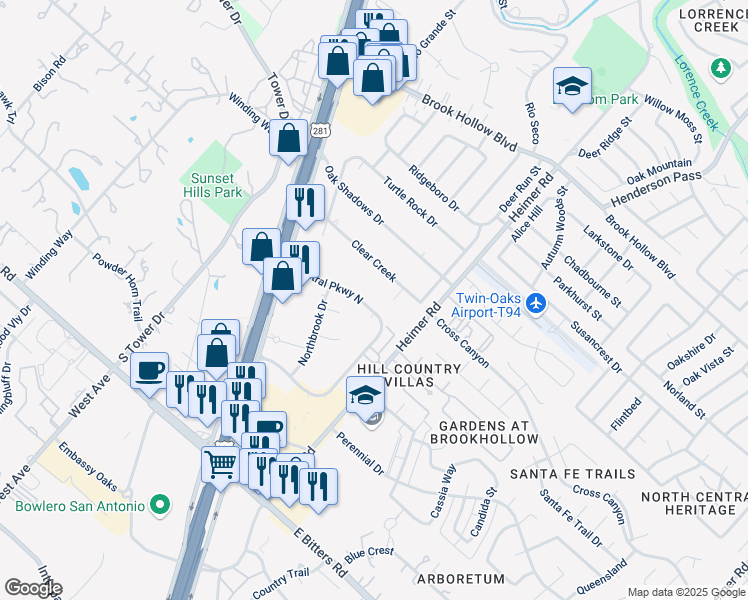 map of restaurants, bars, coffee shops, grocery stores, and more near 1019 Central Parkway North in San Antonio
