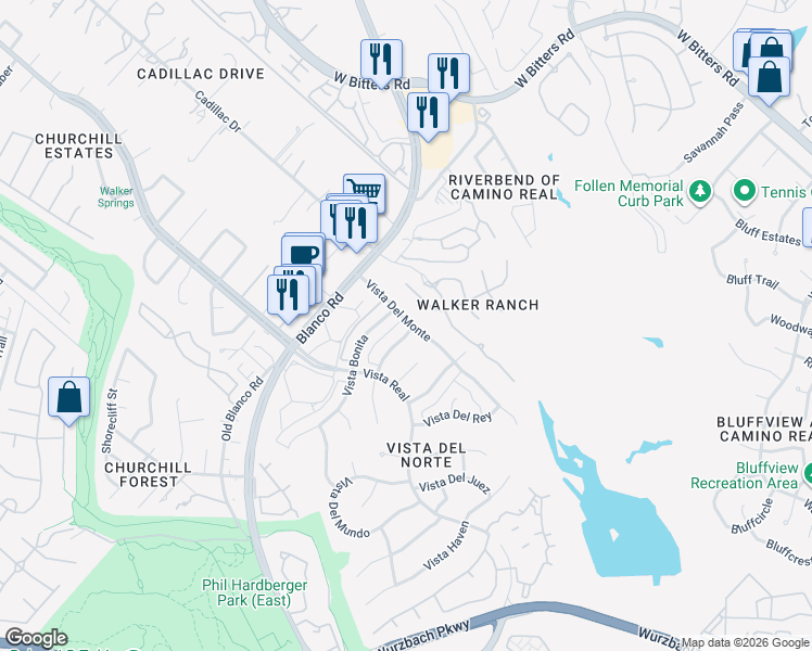 map of restaurants, bars, coffee shops, grocery stores, and more near 13435 La Vista Drive in San Antonio