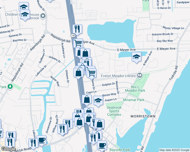 map of restaurants, bars, coffee shops, grocery stores, and more near 1865 Florida Drive in Seabrook