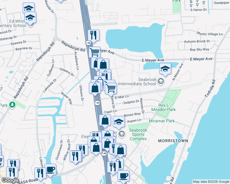 map of restaurants, bars, coffee shops, grocery stores, and more near 1865 Florida Drive in Seabrook