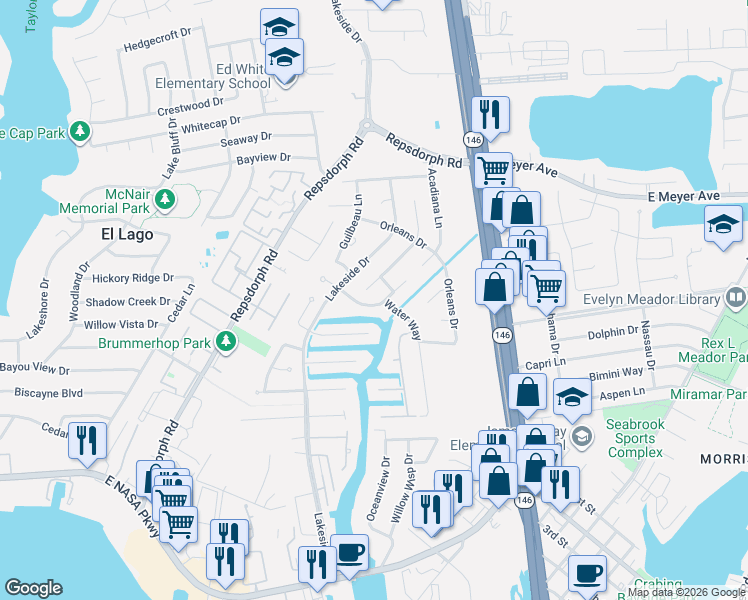 map of restaurants, bars, coffee shops, grocery stores, and more near 2302 La Rochelle Court in Seabrook