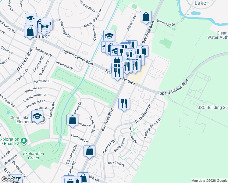map of restaurants, bars, coffee shops, grocery stores, and more near 2305 Bay Area Boulevard in Houston