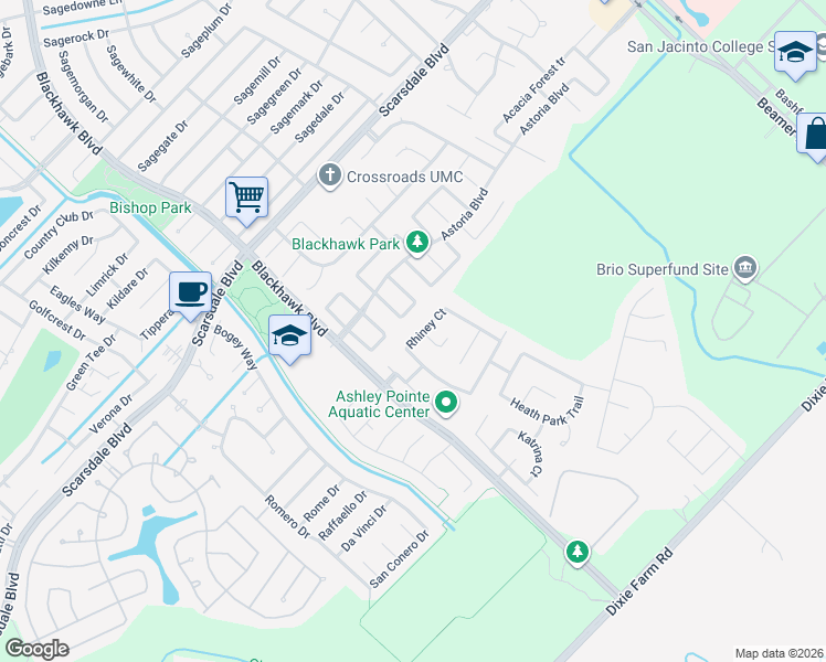 map of restaurants, bars, coffee shops, grocery stores, and more near 12138 Country Orchard Lane in Houston
