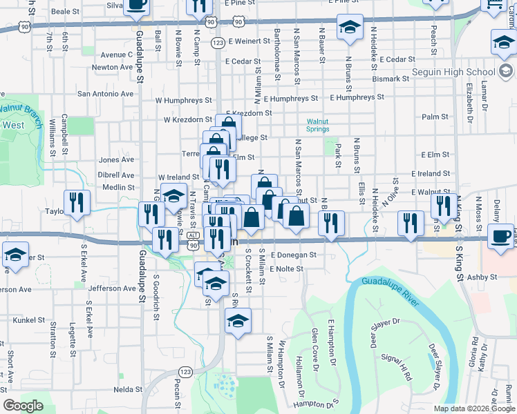 map of restaurants, bars, coffee shops, grocery stores, and more near 309 North Milam Street in Seguin