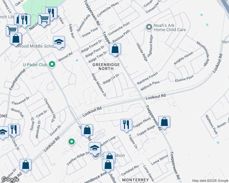 map of restaurants, bars, coffee shops, grocery stores, and more near 6426 Ridge Village Drive in San Antonio