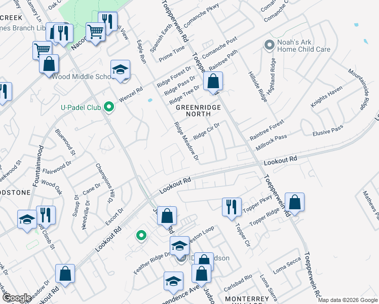 map of restaurants, bars, coffee shops, grocery stores, and more near 14215 Ridge Meadow Drive in San Antonio