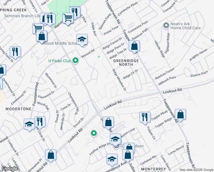 map of restaurants, bars, coffee shops, grocery stores, and more near 14318 Purple Martin in San Antonio