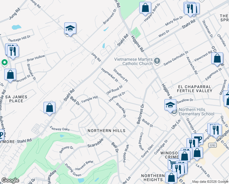 map of restaurants, bars, coffee shops, grocery stores, and more near 14130 Old Bond Street in San Antonio