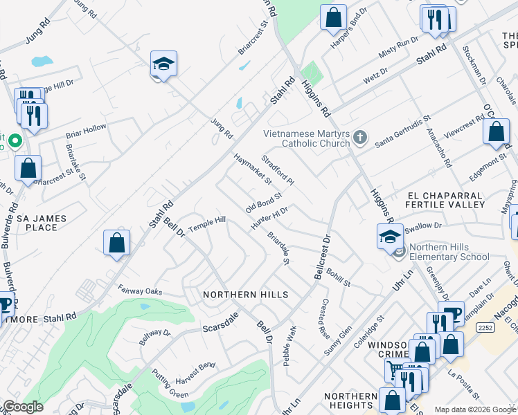 map of restaurants, bars, coffee shops, grocery stores, and more near 4442 Grantilly Street in San Antonio