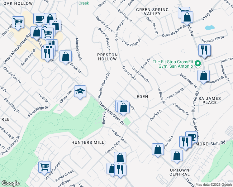 map of restaurants, bars, coffee shops, grocery stores, and more near 3227 Rosetti in San Antonio