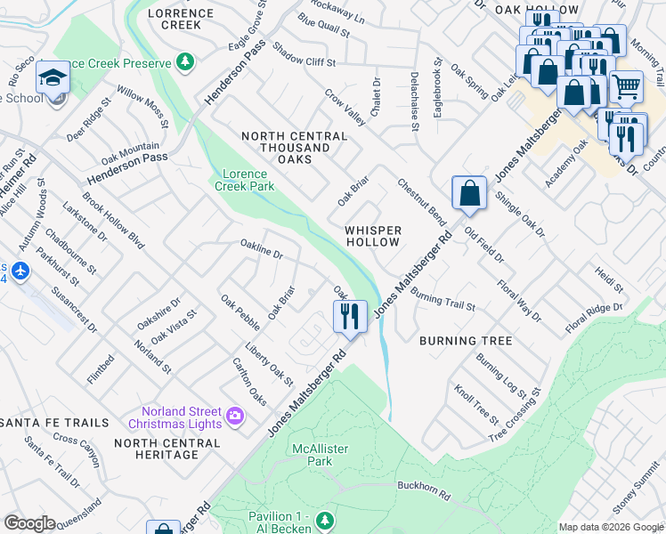 map of restaurants, bars, coffee shops, grocery stores, and more near 2415 Oakline Drive in San Antonio